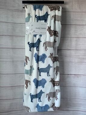 Happy Tails Plush Throw Blanket Dog Puppy Pattern 50x70"